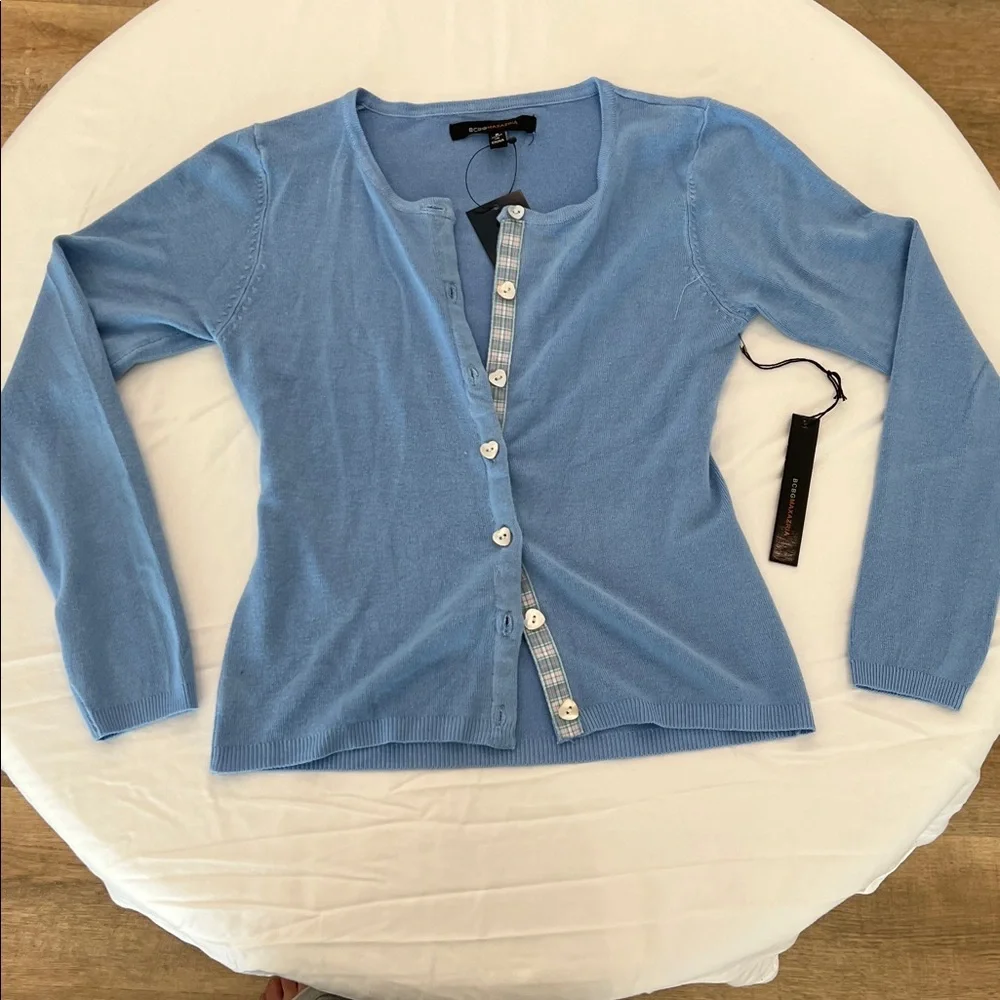Blue Ribbed V-Neck Tank Top with Bow and Cardigan Matching Set